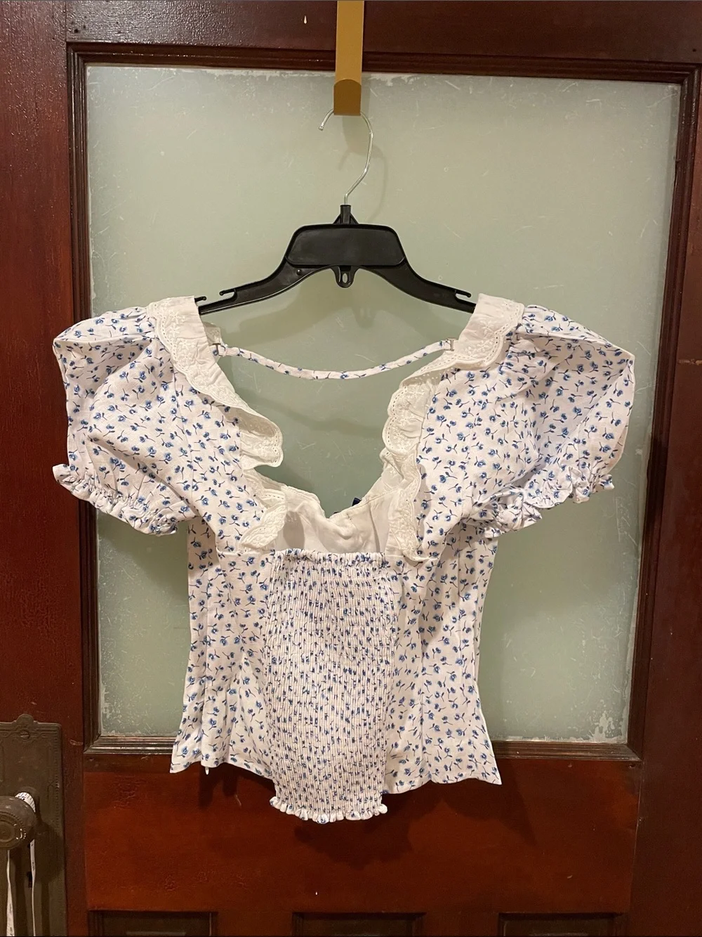 Reformation White Puff Sleeve Blouse with Blue Floral Print